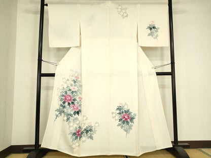 平和屋着物▽訪問着　単衣　牡丹文　手描き　正絹　逸品　DABH6277az