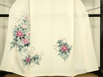 平和屋着物▽訪問着　単衣　牡丹文　手描き　正絹　逸品　DABH6277az