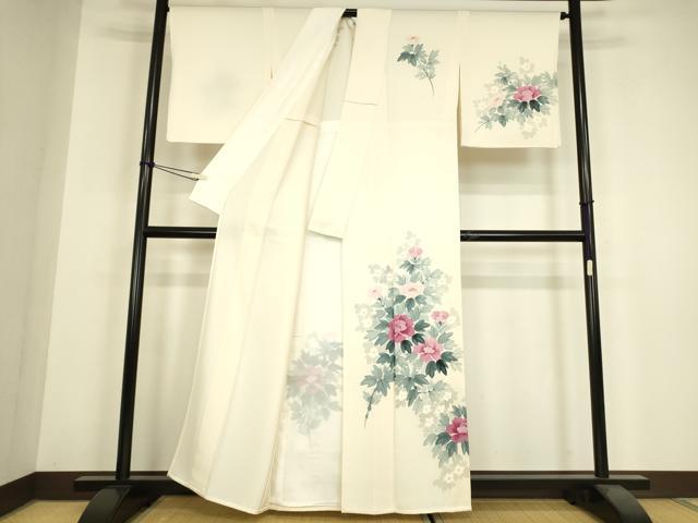 平和屋着物▽訪問着　単衣　牡丹文　手描き　正絹　逸品　DABH6277az