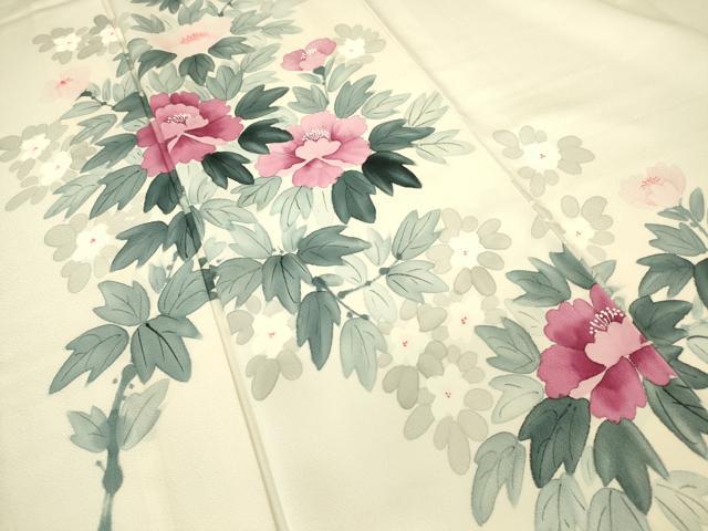 平和屋着物▽訪問着　単衣　牡丹文　手描き　正絹　逸品　DABH6277az