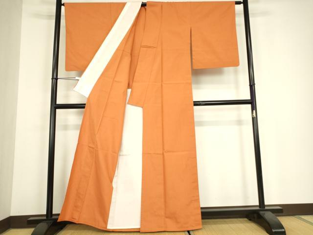 平和屋着物▽筬園紅花紬　米沢　単衣　紅花草木染　人参色　証紙付き　正絹　逸品　DABH6280az