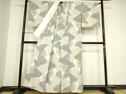平和屋着物▽上質な紬　単衣　切嵌め花唐文　正絹　逸品　DABH6285az