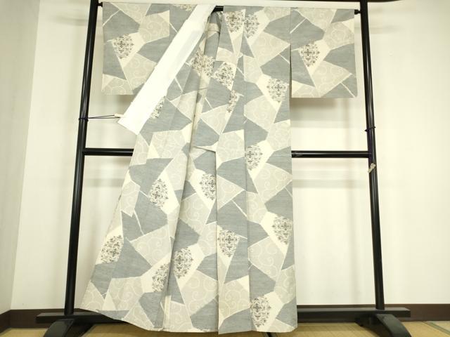 平和屋着物▽上質な紬　単衣　切嵌め花唐文　正絹　逸品　DABH6285az