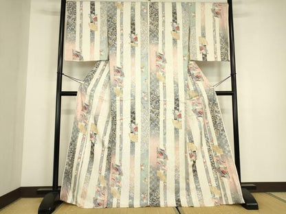 平和屋着物▽上質な小紋　単衣　扇面御所車花蝶文　金彩　正絹　逸品　DABH6289az