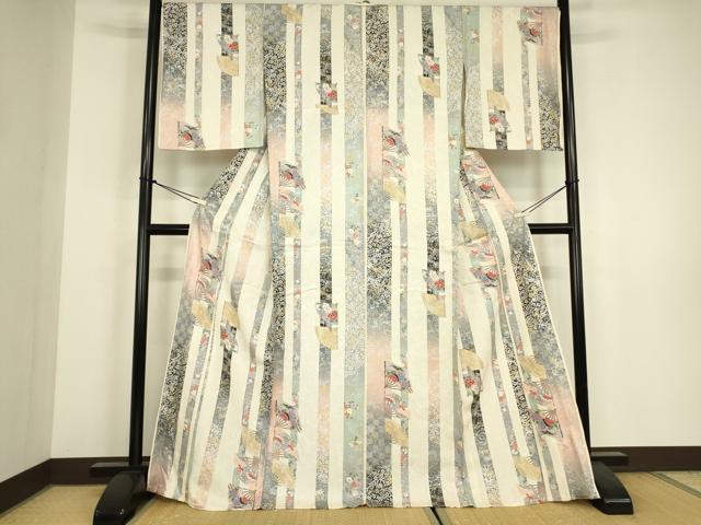 平和屋着物▽上質な小紋　単衣　扇面御所車花蝶文　金彩　正絹　逸品　DABH6289az