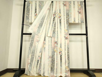 平和屋着物▽上質な小紋　単衣　扇面御所車花蝶文　金彩　正絹　逸品　DABH6289az