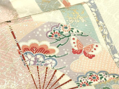 平和屋着物▽上質な小紋　単衣　扇面御所車花蝶文　金彩　正絹　逸品　DABH6289az