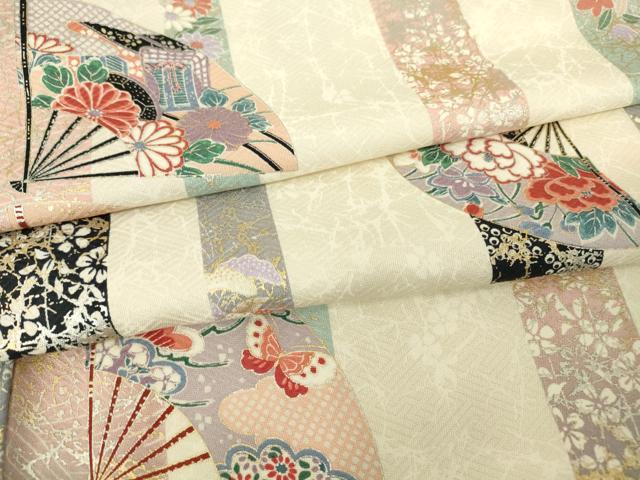 平和屋着物▽上質な小紋　単衣　扇面御所車花蝶文　金彩　正絹　逸品　DABH6289az