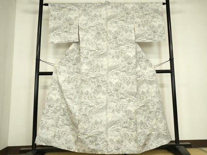 平和屋着物▽本場大島紬　白大島　単衣　風景樹林文　正絹　逸品　DABH6290az