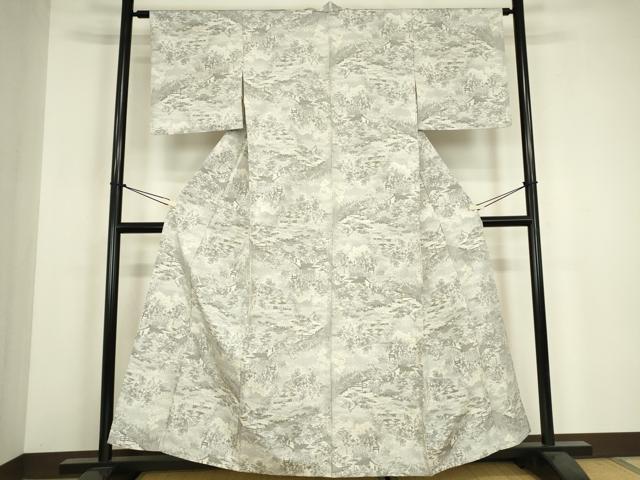平和屋着物▽本場大島紬　白大島　単衣　風景樹林文　正絹　逸品　DABH6290az