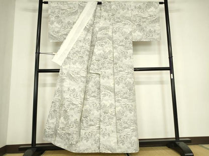 平和屋着物▽本場大島紬　白大島　単衣　風景樹林文　正絹　逸品　DABH6290az