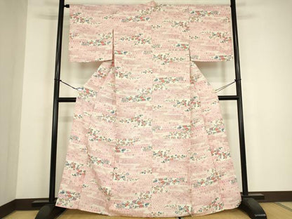 平和屋着物▽上質な小紋　単衣　霞取花文　正絹　逸品　DABH6291az