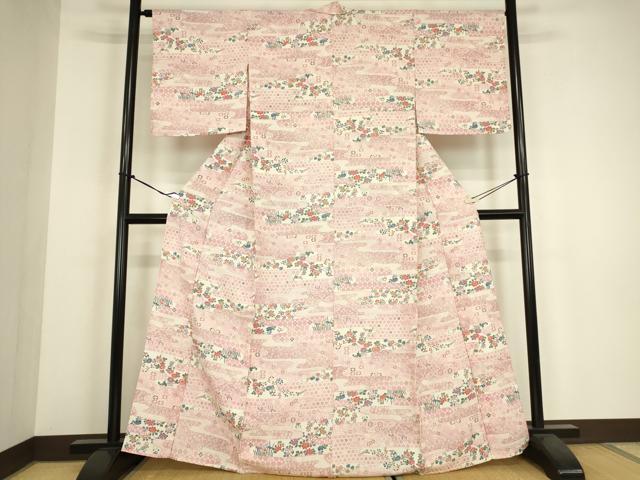 平和屋着物▽上質な小紋　単衣　霞取花文　正絹　逸品　DABH6291az
