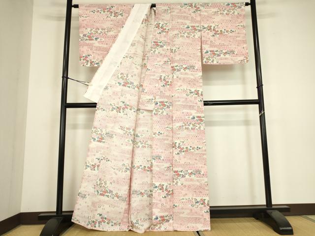 平和屋着物▽上質な小紋　単衣　霞取花文　正絹　逸品　DABH6291az
