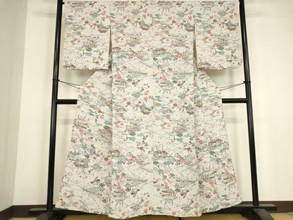 平和屋着物▽上質な小紋　単衣　型染め　風景花文　正絹　逸品　DABH6295az