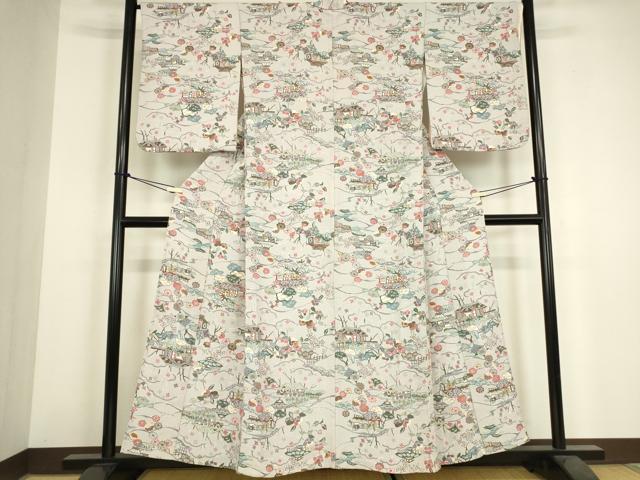 平和屋着物▽上質な小紋　単衣　型染め　風景花文　正絹　逸品　DABH6295az