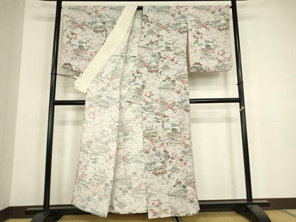 平和屋着物▽上質な小紋　単衣　型染め　風景花文　正絹　逸品　DABH6295az