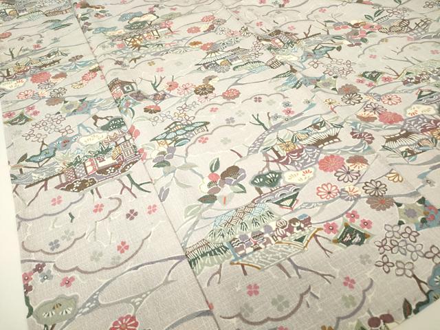 平和屋着物▽上質な小紋　単衣　型染め　風景花文　正絹　逸品　DABH6295az