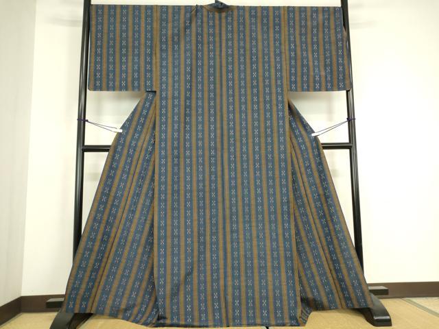 平和屋着物▽上質な紬 　単衣　 花織　幾何学間道　正絹　逸品　未使用　DABH6296az