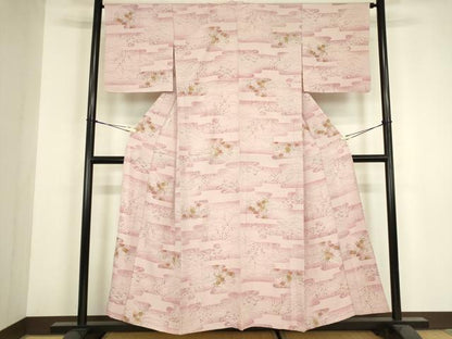 平和屋着物▽上質な小紋　単衣　霞取花文　金彩　正絹　逸品　DABH6315az