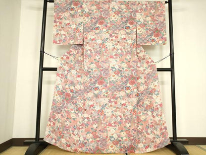 平和屋着物▽上質な小紋　単衣　霞取舞蝶文　鬼しぼ縮緬　正絹　逸品　DABH6316az