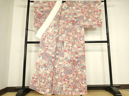 平和屋着物▽上質な小紋　単衣　霞取舞蝶文　鬼しぼ縮緬　正絹　逸品　DABH6316az