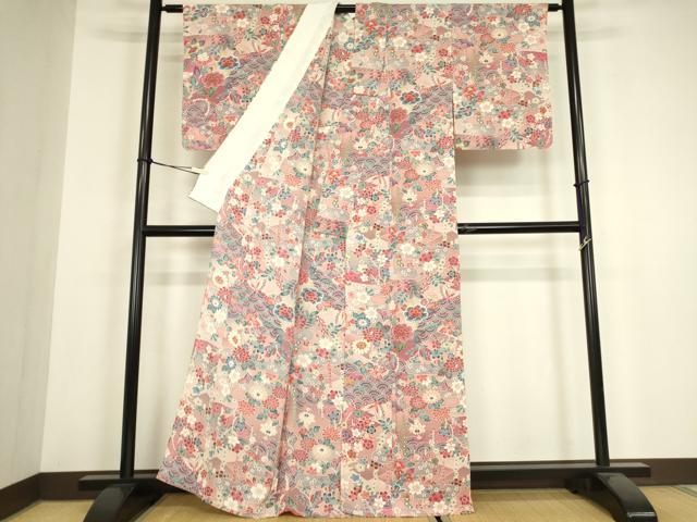 平和屋着物▽上質な小紋　単衣　霞取舞蝶文　鬼しぼ縮緬　正絹　逸品　DABH6316az
