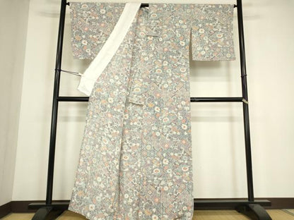 平和屋着物▽上質な小紋　単衣　更紗花切嵌め文様　鬼しぼ縮緬　正絹　逸品　DABH6317az