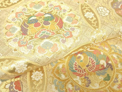平和屋着物●唐織・西陣の老舗・名門・藤原織物　佐賀錦　六通柄袋帯　七宝花鳥文　金糸　正絹　逸品　DABH6324az