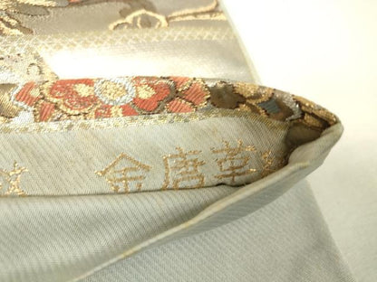 平和屋着物▼六通柄袋帯　金唐革織　正倉院花鳥華紋　金銀糸　正絹　逸品　DABH6326az