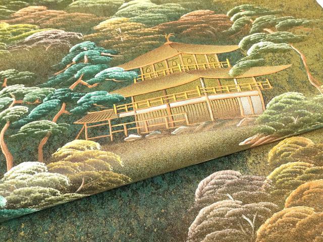 平和屋着物▼太鼓柄袋帯　作家物　金閣寺　手描き　引箔　正絹　逸品　DABH6327az
