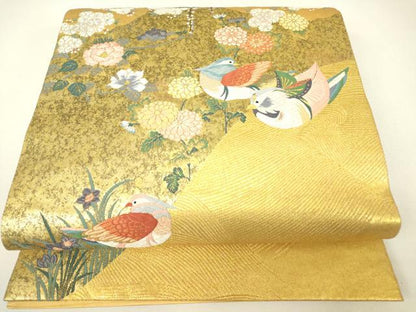平和屋着物▼六通柄袋帯　唐織　春陽夫婦鴛鴦文　金糸　引箔　正絹　逸品　DABH6331az