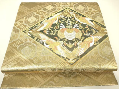 平和屋着物▼六通柄袋帯　双鶴菱花文　金銀糸　正絹　逸品　DABH6337az