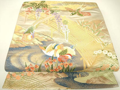 平和屋着物▼六通柄袋帯　唐織　桃山花鳥の畔　金糸　正絹　逸品　DABH6339az