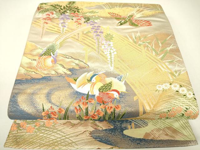 平和屋着物▼六通柄袋帯　唐織　桃山花鳥の畔　金糸　正絹　逸品　DABH6339az