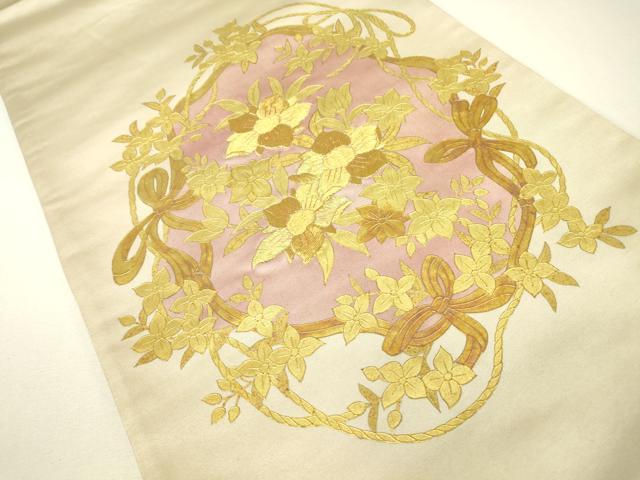 平和屋着物▼太鼓柄袋帯　刺繍　花丸文　金糸　正絹　逸品　DABH6340az