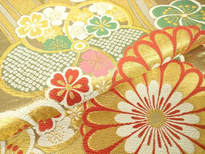 平和屋着物▼六通柄袋帯　吉祥舞花文　金糸　正絹　逸品　DABH6354az