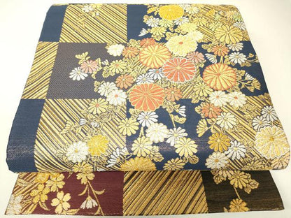 平和屋着物▼六通柄袋帯　市松菊文　金糸　正絹　逸品　DABH6364az