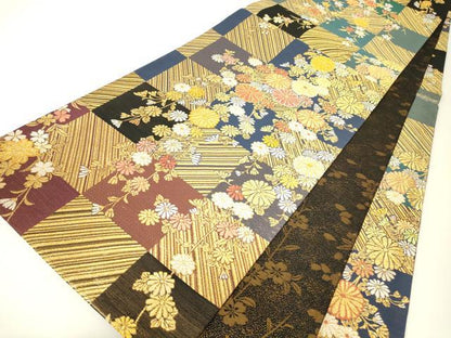 平和屋着物▼六通柄袋帯　市松菊文　金糸　正絹　逸品　DABH6364az