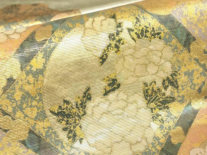 平和屋着物▼太鼓柄袋帯　螺鈿箔　天井花丸文　金彩　正絹　逸品　DABH6372az