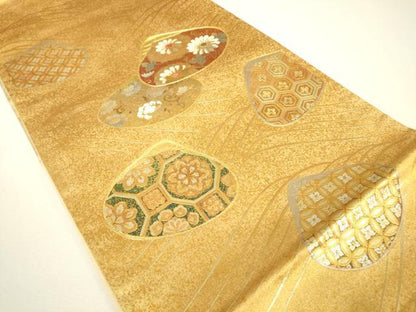平和屋着物▼太鼓柄袋帯　駒刺繍　貝合わせ　金銀彩　正絹　逸品　DABH6373az