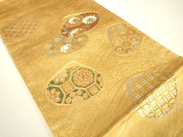 平和屋着物▼太鼓柄袋帯　駒刺繍　貝合わせ　金銀彩　正絹　逸品　DABH6373az
