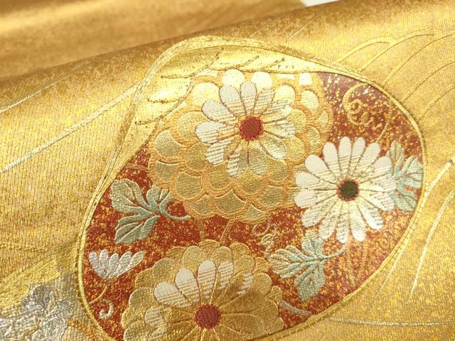 平和屋着物▼太鼓柄袋帯　駒刺繍　貝合わせ　金銀彩　正絹　逸品　DABH6373az