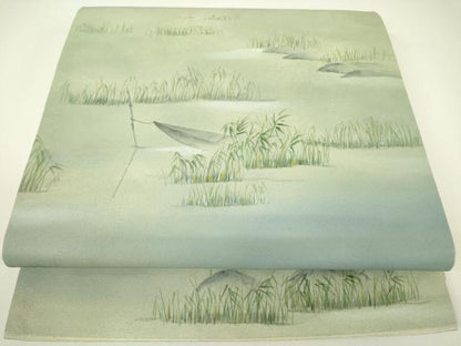 平和屋着物▼太鼓柄袋帯　水辺風景文　手描き　正絹　逸品　DABH6379az
