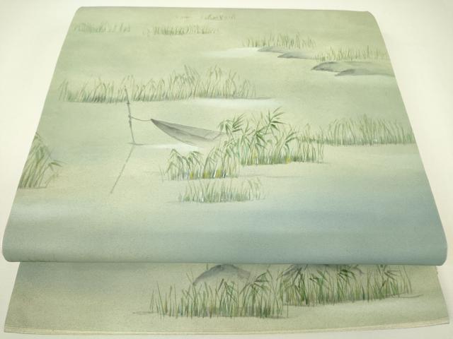 平和屋着物▼太鼓柄袋帯　水辺風景文　手描き　正絹　逸品　DABH6379az
