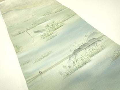 平和屋着物▼太鼓柄袋帯　水辺風景文　手描き　正絹　逸品　DABH6379az