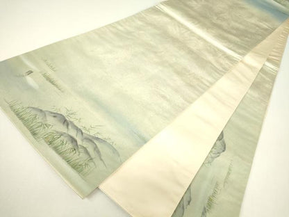 平和屋着物▼太鼓柄袋帯　水辺風景文　手描き　正絹　逸品　DABH6379az