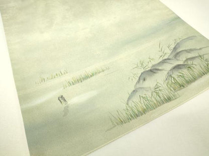 平和屋着物▼太鼓柄袋帯　水辺風景文　手描き　正絹　逸品　DABH6379az