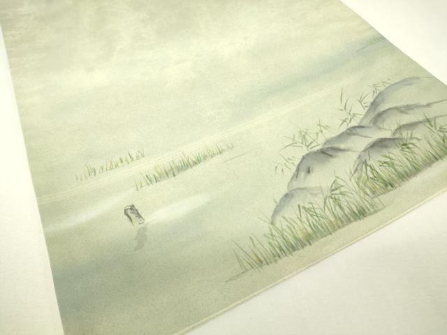 平和屋着物▼太鼓柄袋帯　水辺風景文　手描き　正絹　逸品　DABH6379az