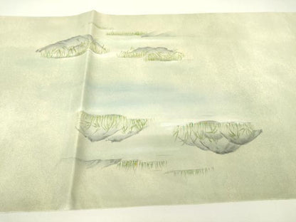 平和屋着物▼太鼓柄袋帯　水辺風景文　手描き　正絹　逸品　DABH6379az